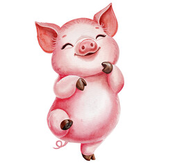 Cheerful little pig isolated on a white background. Cartoon farm animals. Watercolor illustration
