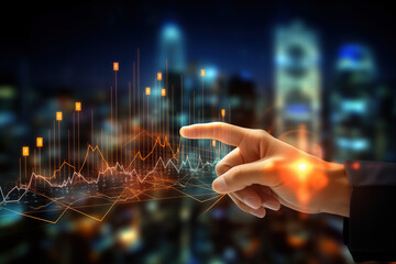 Businessman Touching Digital Interface of Market Analysis Charts - obrazy, fototapety, plakaty