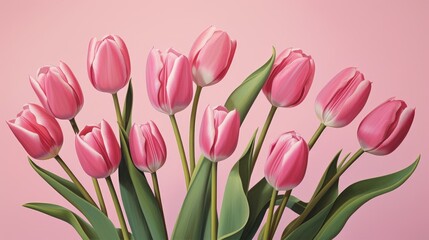 Pink tulips with fresh green leaves on a pink background. Beautiful background for a holiday, valentine's day, women's day. An empty space for the text.
