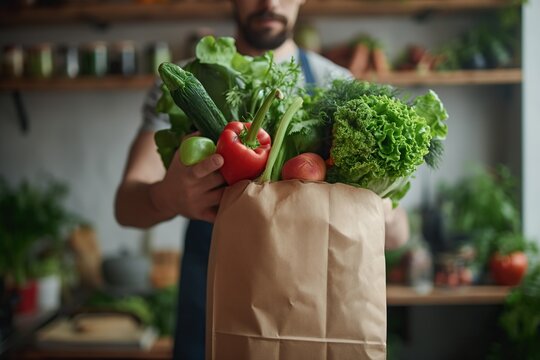 Close-up of Fresh Vegetables in Grocery Bag Held by Man