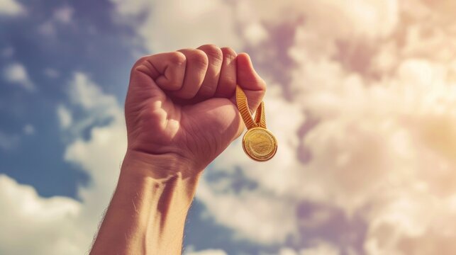 A retro-style image depicting a man's hand raised, holding a gold medal against the sky, symbolizing the concept of award and victory. Selective focus adds emphasis to the scene