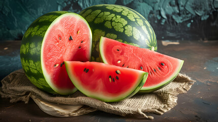 Whole and sliced watermelon on rustic backdrop, ripe and juicy.