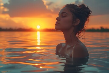 Fototapeta premium Portrait of woman praying God in the water at sunset.