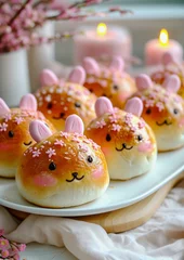 Fotobehang Bunny-Shaped Easter Buns on Plate. Easter baking. © Svetlana Kolpakova