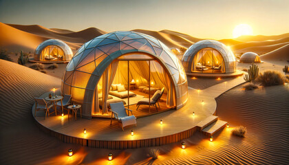 Modern igloo tents designed for luxury desert camping, set against a twilight sky filled with stars.Geodesic domes.