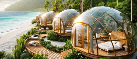 Tropical Beachfront Geo-Domes on a beachfront. Eco-friendly igloo hotel - obrazy, fototapety, plakaty