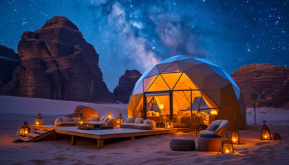 Luxury Desert Glamping under the Stars.  Igloo tents in Jordan - obrazy, fototapety, plakaty