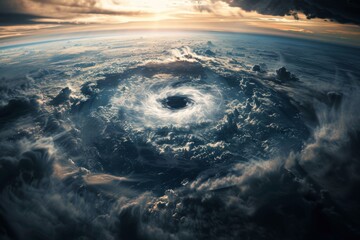 A tempestuous vortex rages through the celestial sea of clouds, merging the forces of earth and outer space in a breathtaking display of raw nature