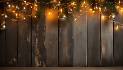 Rustic wood plank backdrop illuminates Christmas tree with shiny decorations generated by AI