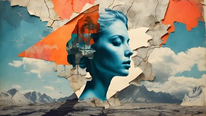 Collage eines Frauenkopfes auf zerrissenem Papier - obrazy, fototapety, plakaty