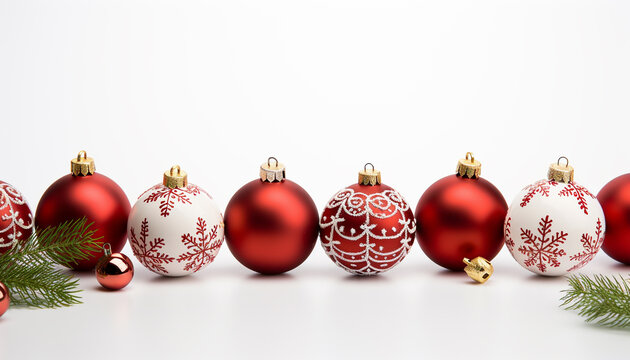Christmas ornaments in a row, vibrant colors, shiny and bright generated by AI