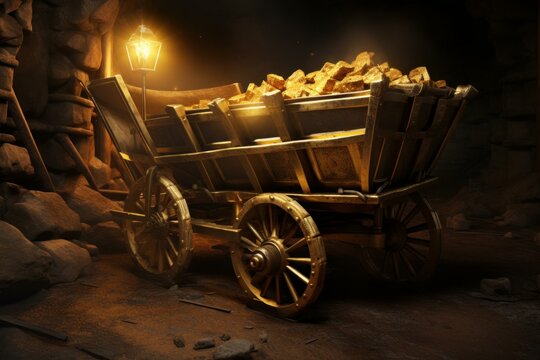 Mining cart gold. Rock tunnel. Generate Ai