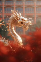 Auspicious Ascent: A Celebration of Gold Dragons in Red Simplicity