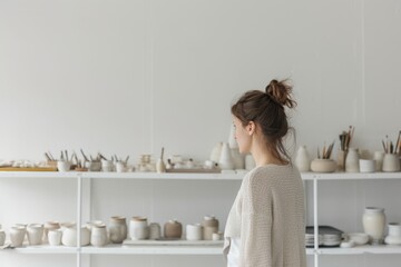 A fashionable woman admires the intricate designs of handmade pottery on a shelf against the indoor wall
