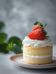 Little round cake with whipped cream and strawberry. Delicious sweet dessert served in a cafe or restaurant. Traditional dessert for midsummer celebrations in Scandinavia.