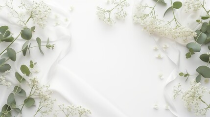 Feminine wedding desktop mockup with baby's breath Gypsophila flowers, dry green eucalyptus leaves, satin ribbon and white background. Empty space. Top view. Picture for blog 