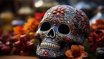 Day of the Dead celebration  spooky decoration, colorful skulls, traditional craft generated by AI