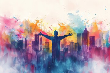 Man in worship in front of cityscape, watercolor painting.