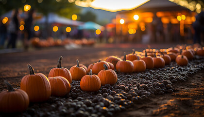 Autumn night, outdoors celebration  pumpkin lanterns illuminate spooky Halloween generated by AI