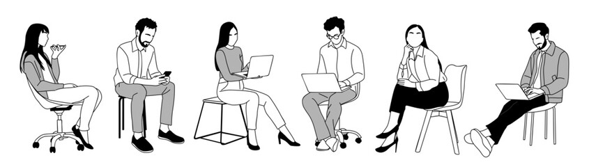 Fototapeta na wymiar Business people sitting, taking part in meeting, business event. Set of Different female, male characters with laptop, smart phone. Collection of vector line drawings on transparent background.