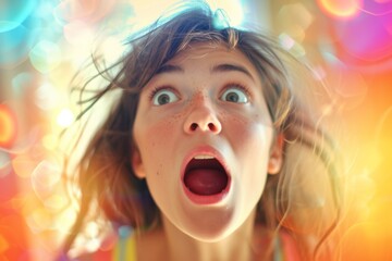 A portrait of a girl with her mouth open, revealing her teeth and tongue as she shouts, her skin flushed and her eyelashes fluttering, capturing the raw emotion and human expression of the moment
