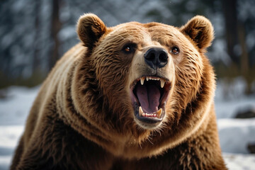 Brown bear face portrait. Angry big bear in wildlife