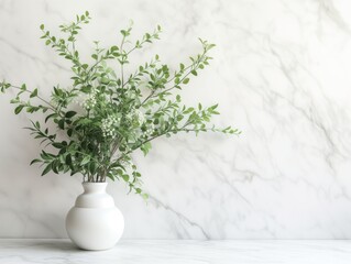 Feminine wedding desktop mockup with baby's breath Gypsophila flowers, dry green eucalyptus leaves, satin ribbon and white background. Empty space. Top view. Picture for blog 