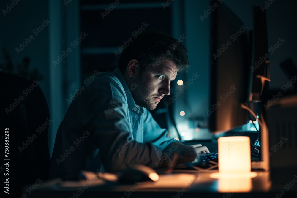 Poster a focused man sits at his computer, illuminated by the soft light of the wall behind him, as he delv