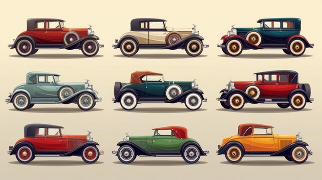 Set of vector icons depicting retro luxury cars from the 1930s and 1940s. Shadows are placed on a separate layer for easy customization