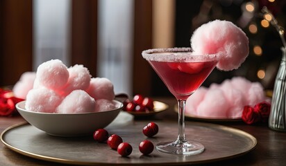 cranberry martini drink with a little cotton candy on top in a romantic valentine's day dinner setting - obrazy, fototapety, plakaty
