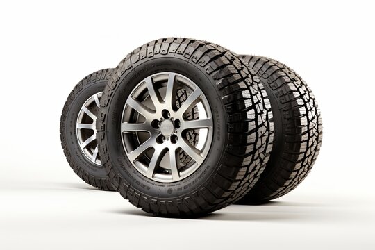 Group of new car tires 3D render on a white background