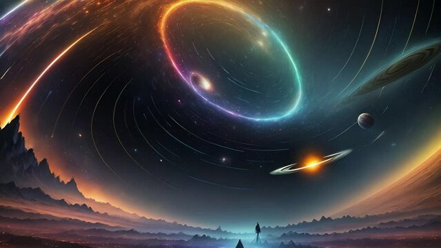 Futuristic cosmic animation with deep space, galaxy, bright universe. Bright cosmic animation with illustrations transformations, music visualization concept. AI generated video
