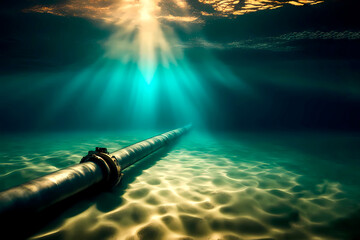 Pipeline lying on ocean bottom underwater - obrazy, fototapety, plakaty