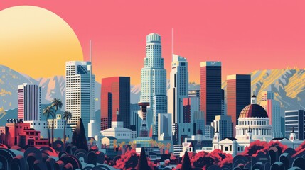 Skyscrapers and iconic landmarks like the Capitol Records Building and the Griffith Observatory rise up in simplified, blocky shapes against the skyline - obrazy, fototapety, plakaty