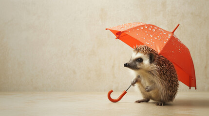 hedgehog holding a red umbrella on a brown background