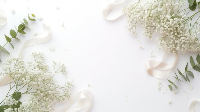 Feminine wedding desktop mockup with baby's breath Gypsophila flowers, dry green eucalyptus leaves, satin ribbon and white background. Empty space. Top view. Picture for blog 