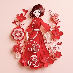 Fototapeta premium paper-cut of girl adorns a stunning Cheongsam dress