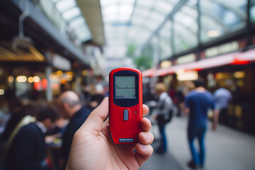 Person holding an imaginary measuring device and measuring something. Science and health, maybe checking air pollution and radiation exposure, measuring for health purposes such as blood pressure, etc