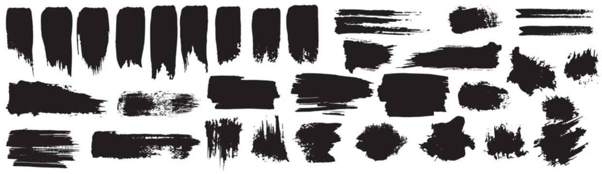 Black set paint, ink brush, brush strokes, brushes, lines, frames, box, grungy. Grungy brushes collection. Brush stroke paint boxes on white background - stock vector. © Quirk Craft Studio