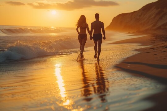 young couple jogging at the beach. warm sunlight. holiday feeling. happiness. 