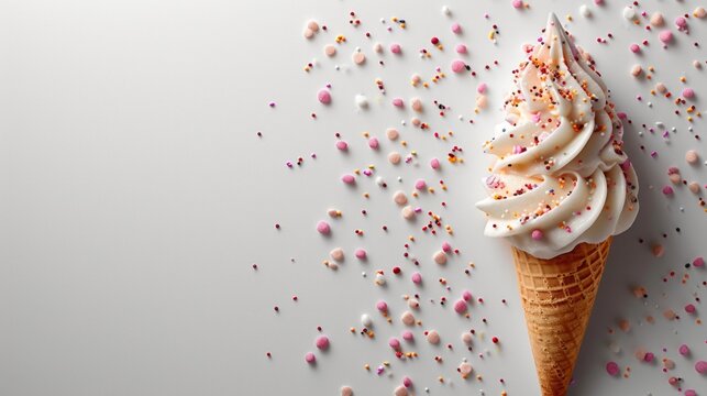 Ice cream dessert flatlay in a cone for summer, birthday, party, product mockup scene creator and text background