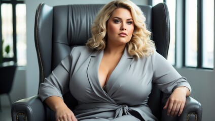 Influential Plus-Size Executive in a Tailored Gray Suit Seated in a Leather Office Chair
