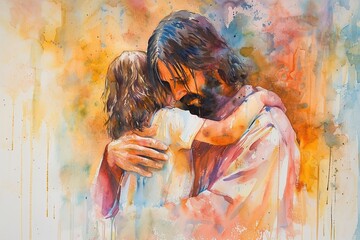 Watercolor painting of Jesus Christ embracing a child. - obrazy, fototapety, plakaty