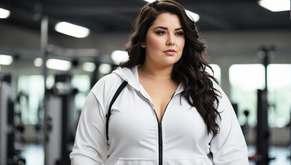 Confident Plus-Size Athlete in White Jacket at the Gym Focused on Health Goals 