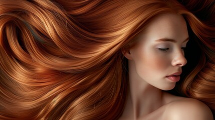 Naklejka premium Young woman with long orange-brown hair isolated, complete orange hair care products generate ai
