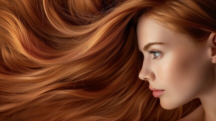 Young woman takes care of her perfect orange hair at a hair salon. generate ai