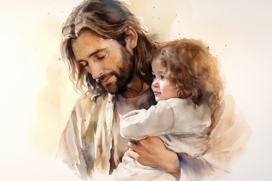 Watercolor painting of Jesus Christ embracing a child.