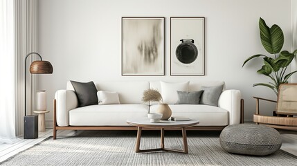 Fototapeta na wymiar Living room in white tones, elegant and comfortable with comfortable furniture. generate ai