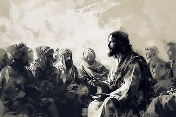 Jesus teaches people, people sit around Him. Black and white illustration. - obrazy, fototapety, plakaty