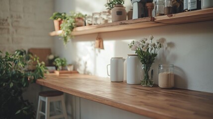 Wooden table with free space Mockup with blurred white kitchen and flowers. generate ai